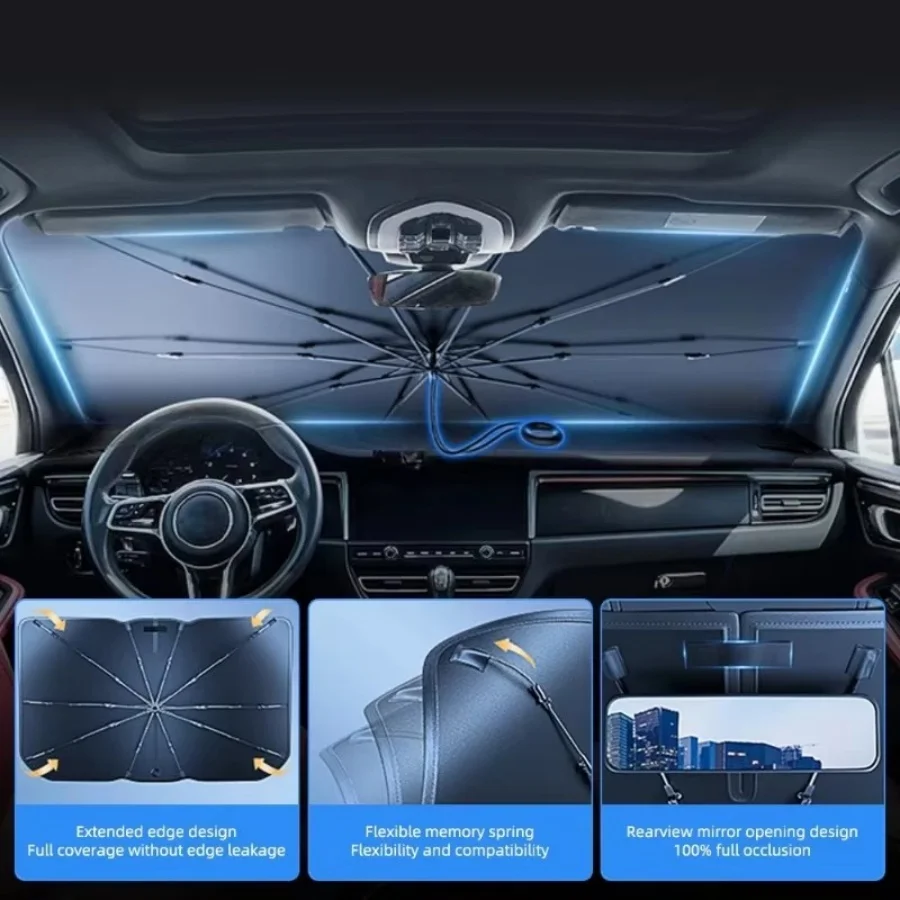 Windshield Sun Shade with 360° Pull Cord Anti-Scratch Handle - Upgraded Sunshade for Car Windshield with Double-Layer Fabric