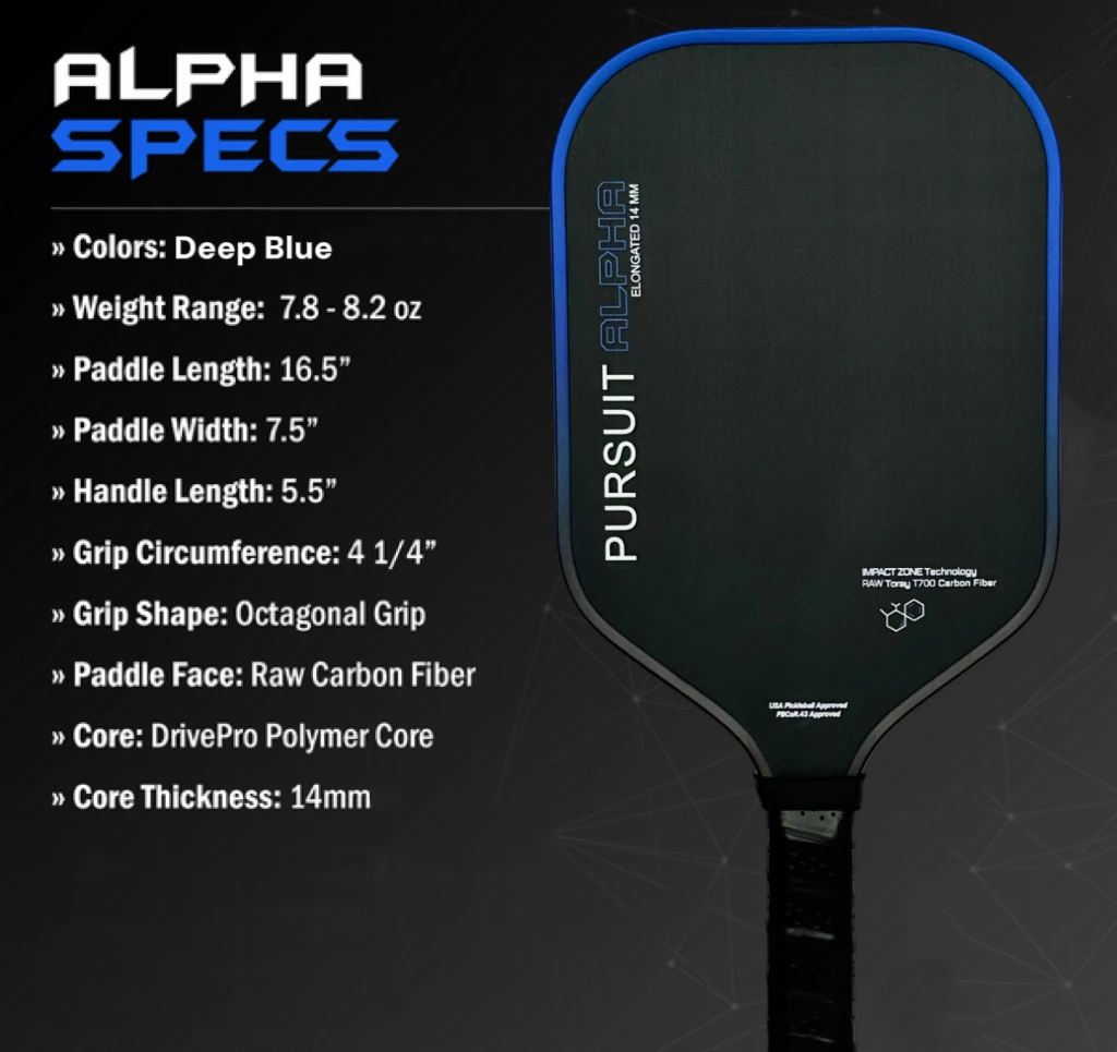 PURSUIT ALPHA T700 Carbon Fiber Pickleball Paddle, Textured Surface, Polymer Core14MM, Gradient Edge Guard,  Enhanced Power&Spin