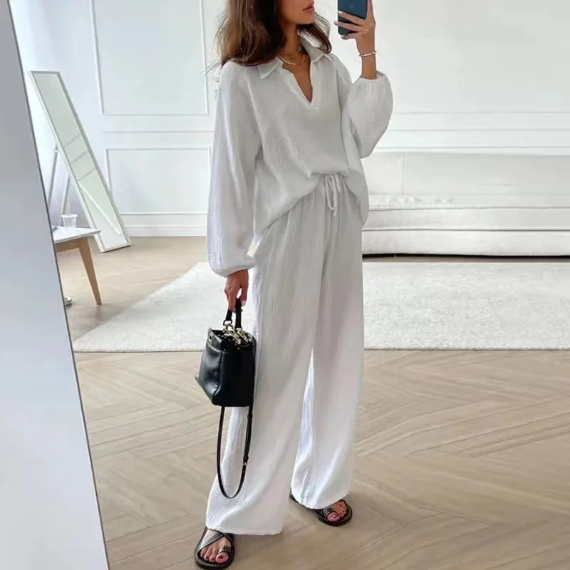 2024 Autumn Loose Casual Top Two Piece Set Women White Long Sleeve Tops Lace Up Pants Sets Female Turndown Collar Lady Suit