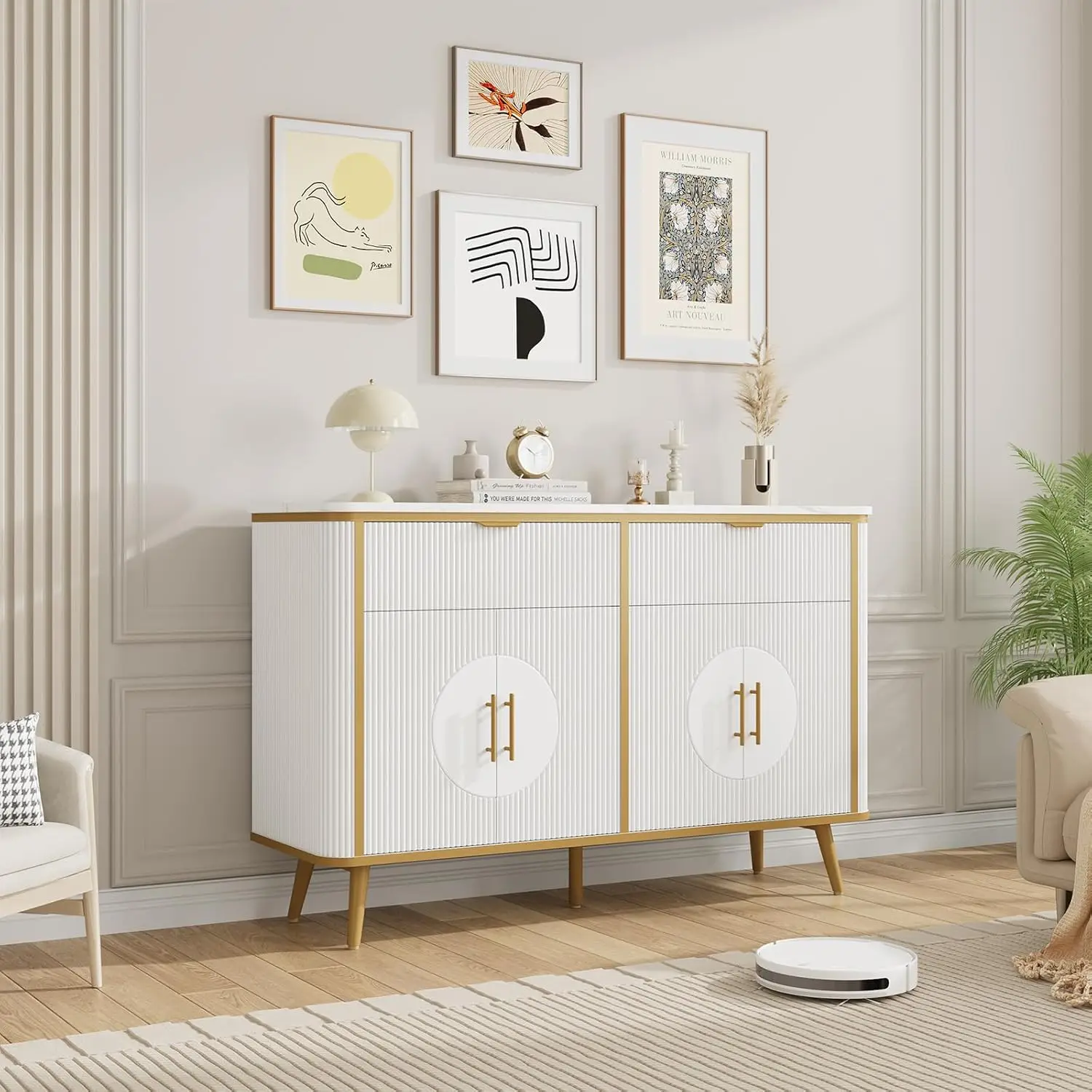 

47.2" Buffet Storage Cabinet, Modern Fluted Coffee Bar Station with 2 Drawers & Adjustable Shelves, Kitchen Sideboard Bu