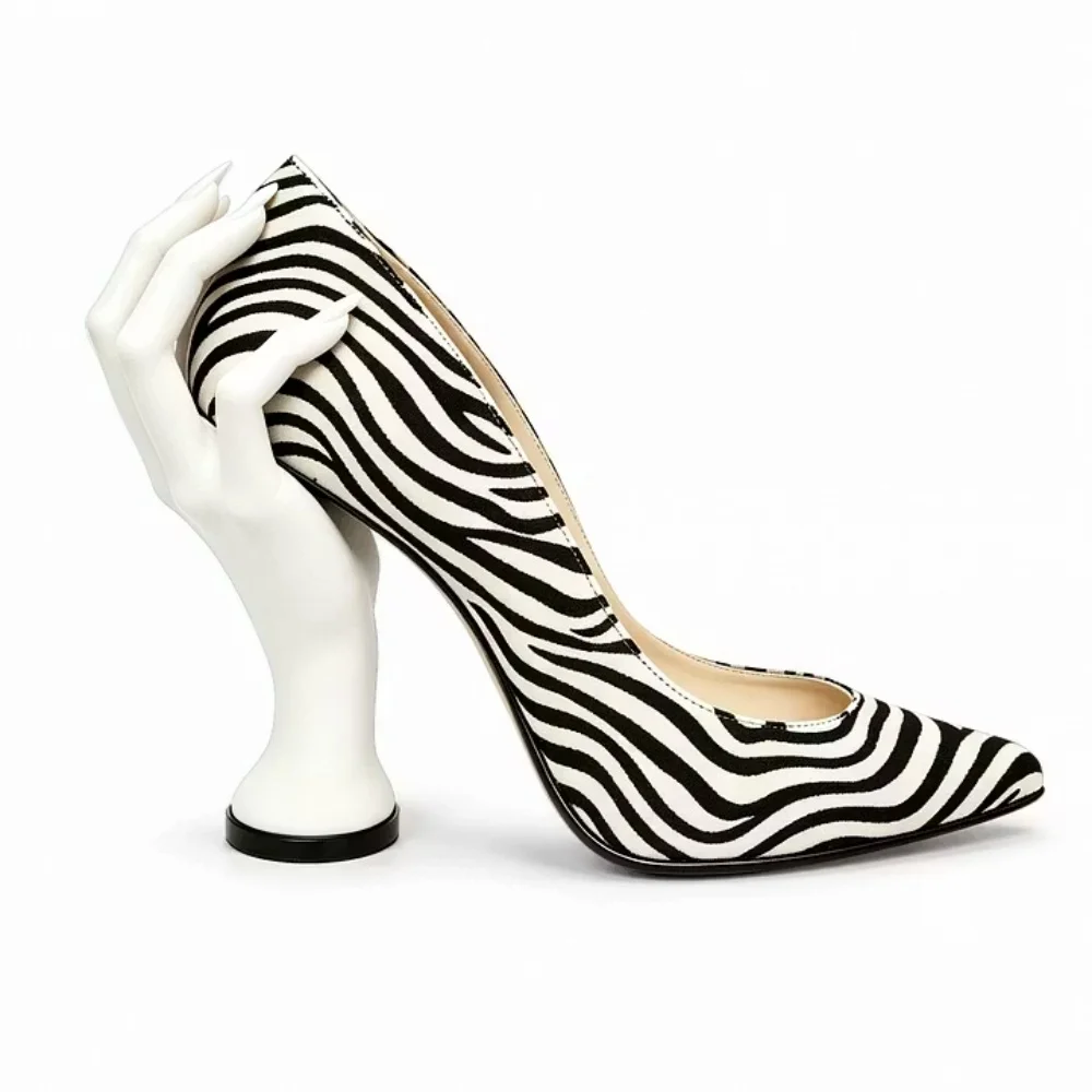 Vintage Zebra Stripes Pumps Skeleton Devil's Hand Decor High Heels Women Slip On Pull On Autumn Winter Shoes 2026 New Arrival