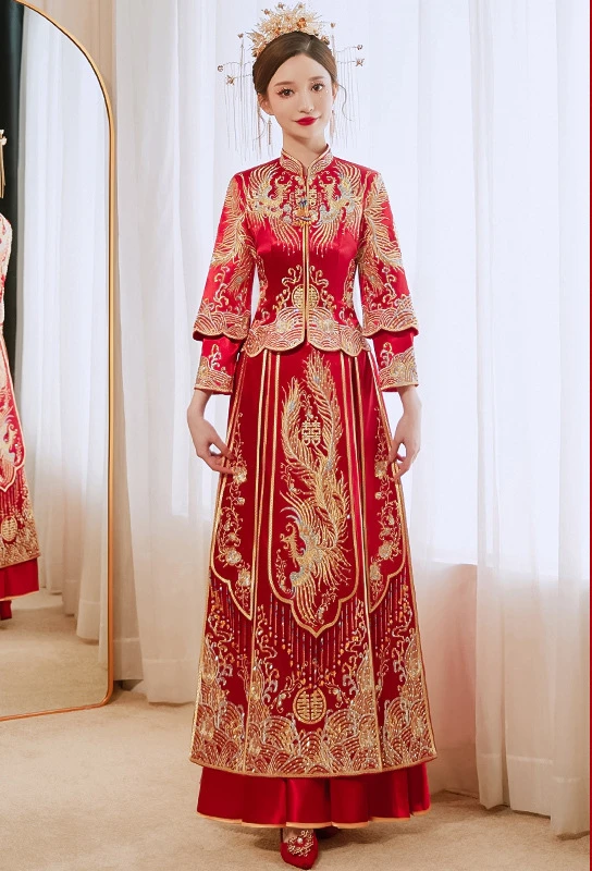فستان زفاف على الطراز الصيني للنساء ، بدلة XiuHe حمراء ذهبية رائعة ، أكمام طويلة ، شيونغسام العروس ، الطراز الصيني التقليدي ، تزيين ماسي #6