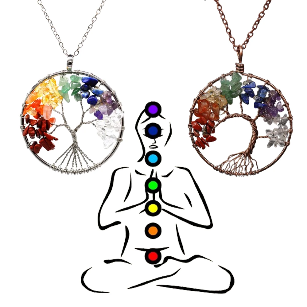 Seven Chakras Natural Crystal Rubble Tree of Life Wealth Pendant Reiki Healing Energy Necklace Holiday Gift Jewelry Decoration