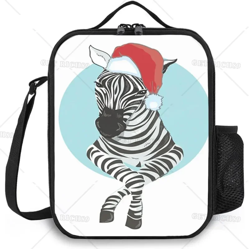 Christmas Zebra Santa Hat Modern Lunch Bags for Women,,Leakproof Insulated Lunch Box,Reusable Zipper Cooler Tote Bag for Work