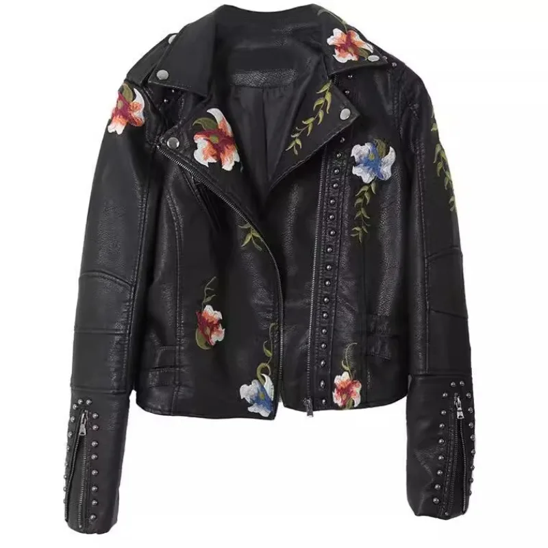 

2026 Spring Autumn Women Leather Jacket New Embroidered Riveted Coat Embroidered Motorcycle Jacket Clothings