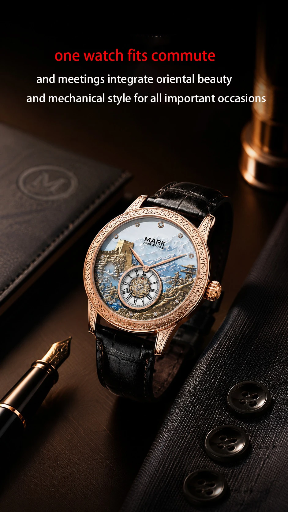 Men's Automatic Great Wall Mechanical Watch Luminous Skeleton Two Hands Small Second Sub Dial 30M Water Resistant 43MM Large Dia