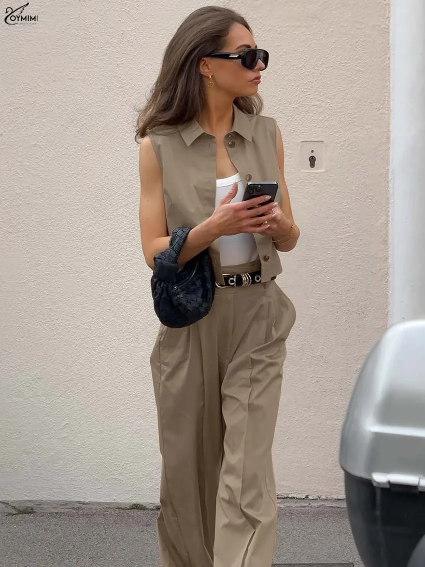 Oymimi أزياء المرأة القطن البني 2 قطعة مجموعة الزي الأنيق التلبيب أكمام واحدة الصدر القمصان ومجموعات السراويل المستقيمة #3