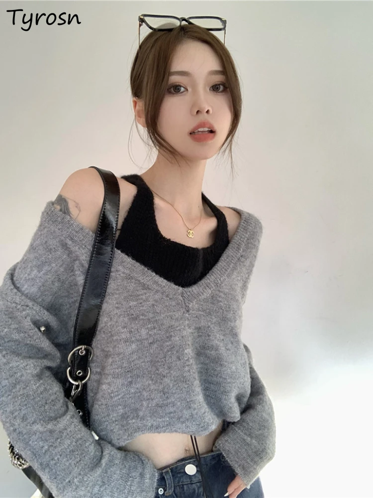 Pullovers Women French Style Stylish Students Tender Design Autumn Loose Fake Two Pieces All-match Daily Knitting Fashion Basic