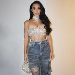YOUR BUMP CURVE Celebrities' same style silver large acrylic halter neck tube top waist tight top sexy hottie crystal top