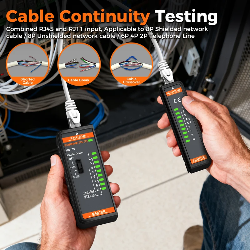RJ45 RJ11 Network Cable Tester with Live PoE Test (≤60V), LED Display for Continuity, FAST/SLOW Modes, Detachable Remote Unit for Open/Short Fault, MCT02 Ethernet Telephone Wire Tracker for Cat5/Cat6/Cat7 Shielded/Unshielded Cables, Professional Tool