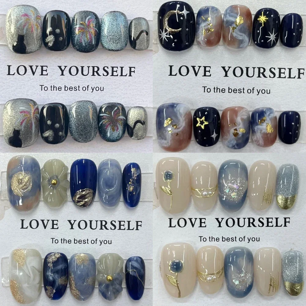 

10Pcs Short Handmade Press On Nails Cute Glisten Cat Eye Gild Diamond Hand-Painted Flower Wearable Full Cover False Nails