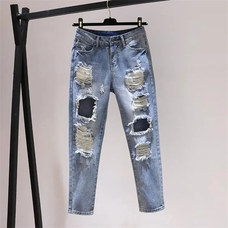 Korean Female Harun Jeans Summer Women Versatile High Waisted Rotten Ripped Cowboy Trousers Ladies Korean Loose Hole Denim Pants