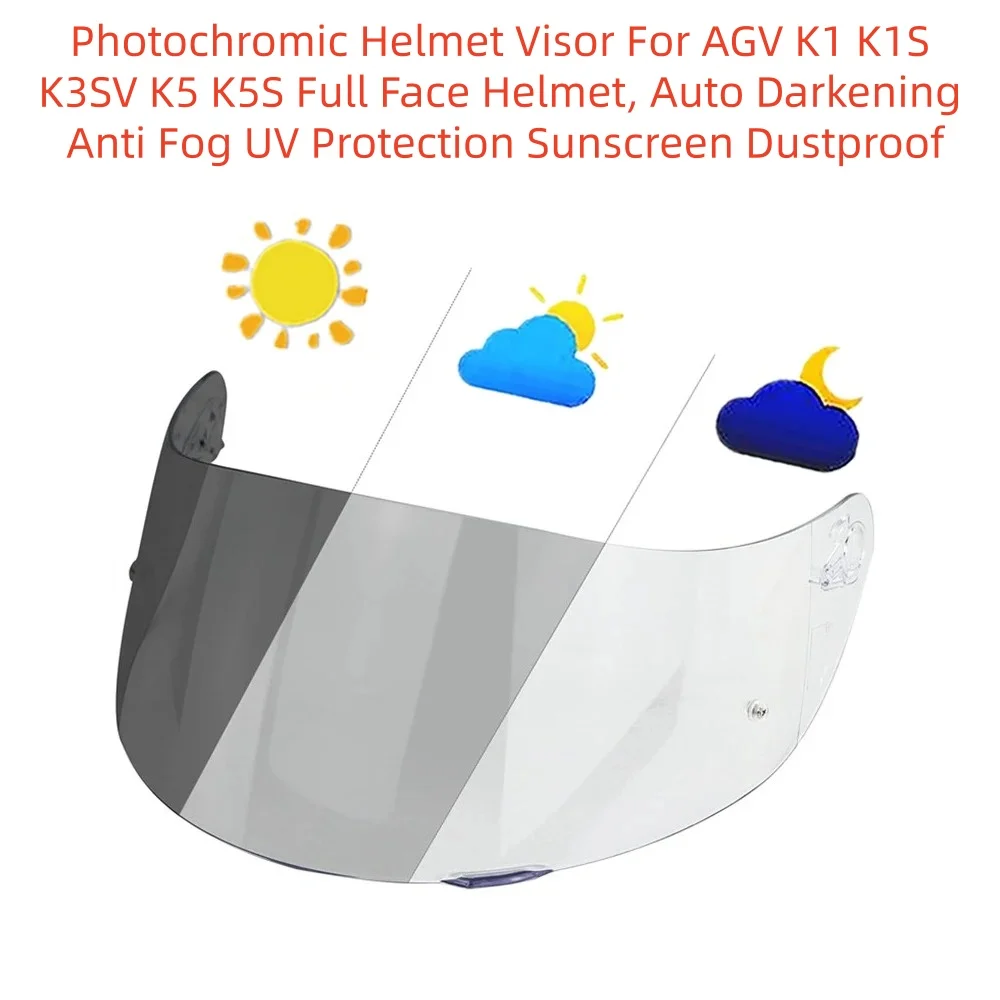 Photochromic Helmet Visor For AGV K1 K1S K3SV K5 K5S Full Face Helmet, Auto Darkening Anti Fog UV Protection Sunscreen Dustproof
