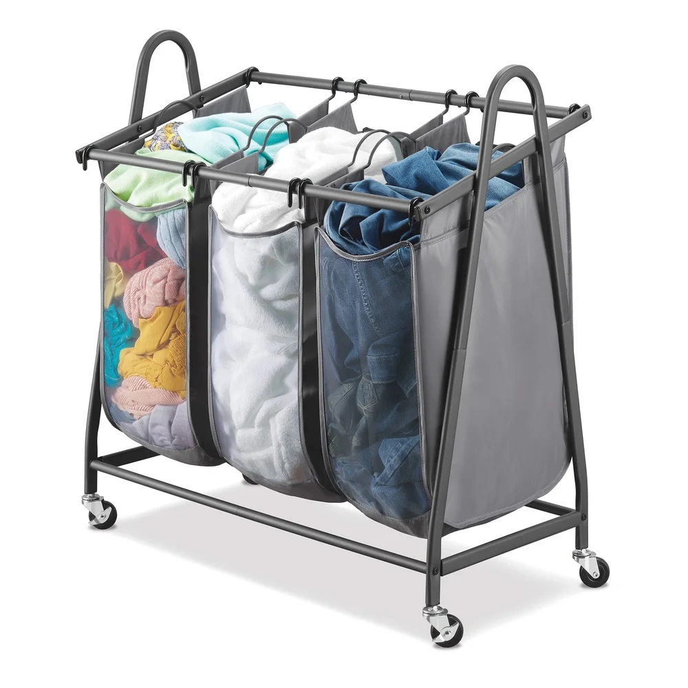

Laundry Sorter with Wheels Heavy Duty Metal Frame 3 Section Portable Hamper with Handles Efficient Laundry Organization