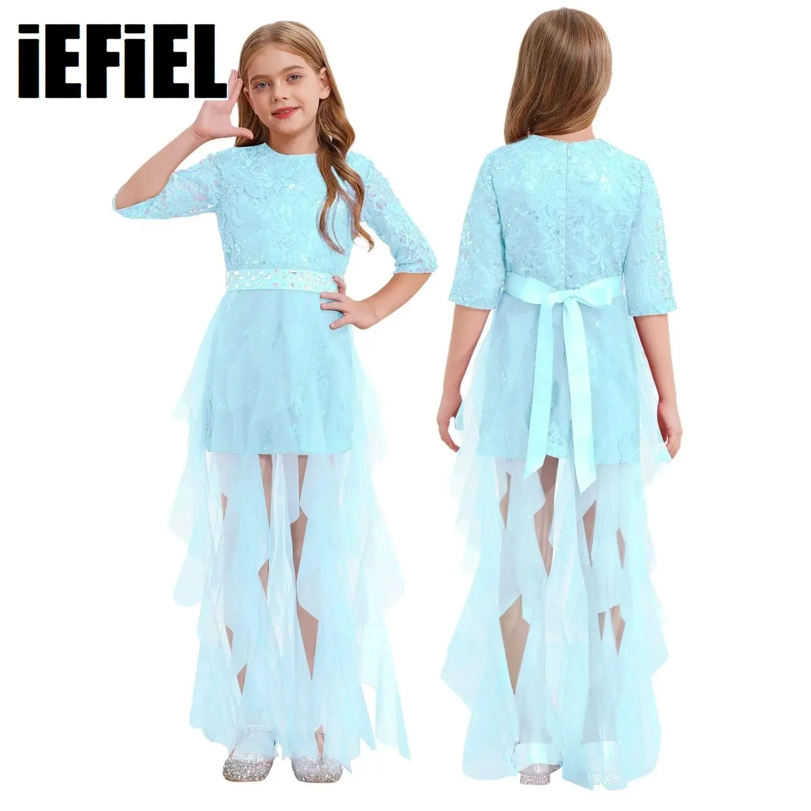 

Girls Sequin Lace Bridesmaid Dress Tulle High Waist Ankle Length Dress with A Faux Diamond Embellished Belt for Wedding Party
