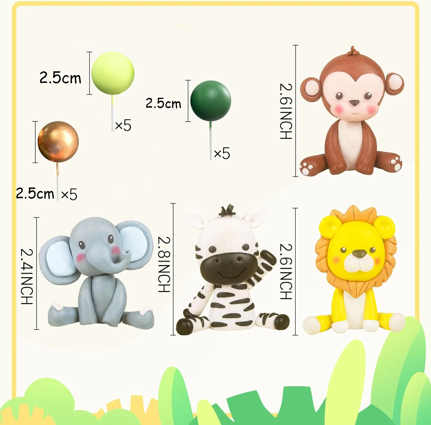 19pcs Elephant Lion Monkey Zebra Cake Topper Green Gold Cake topper Balls for Jungle Theme Birthday Party Baby Shower Decoration - view 6
