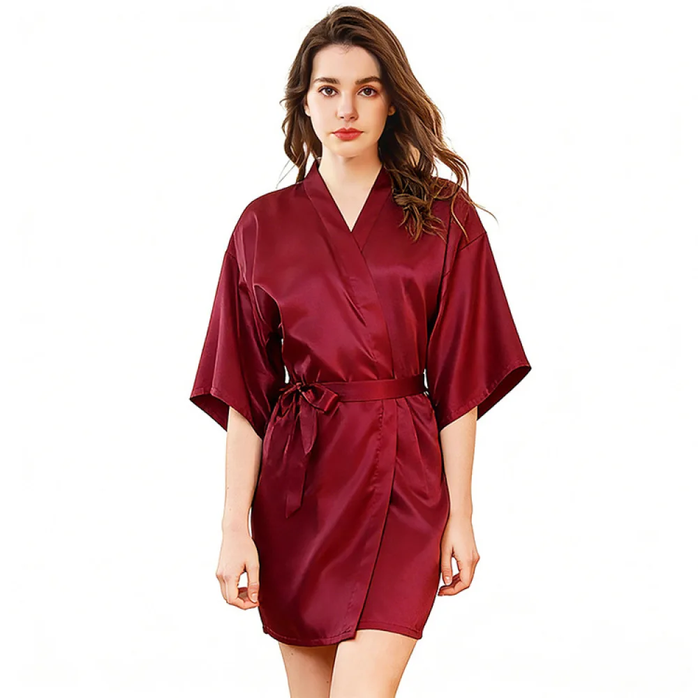 Women Elegant Satin Sleepwear Summer Thin Kimono Bathrobe Soft Breathable Loungewear Solid Color Casual Nightgown