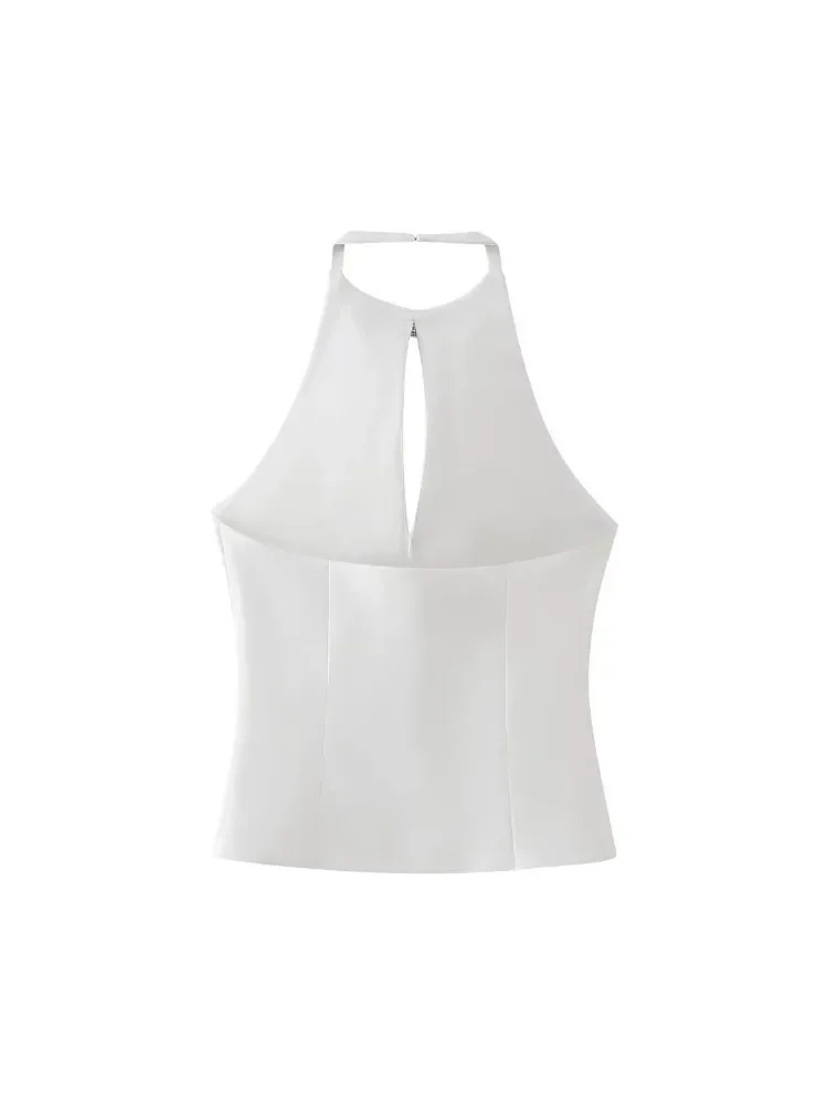 Women Fashion with Diamond Bow Solid Side Zipper Backless Tops Vintage Halter Neck Sleeveless Female Chic Lady Tops