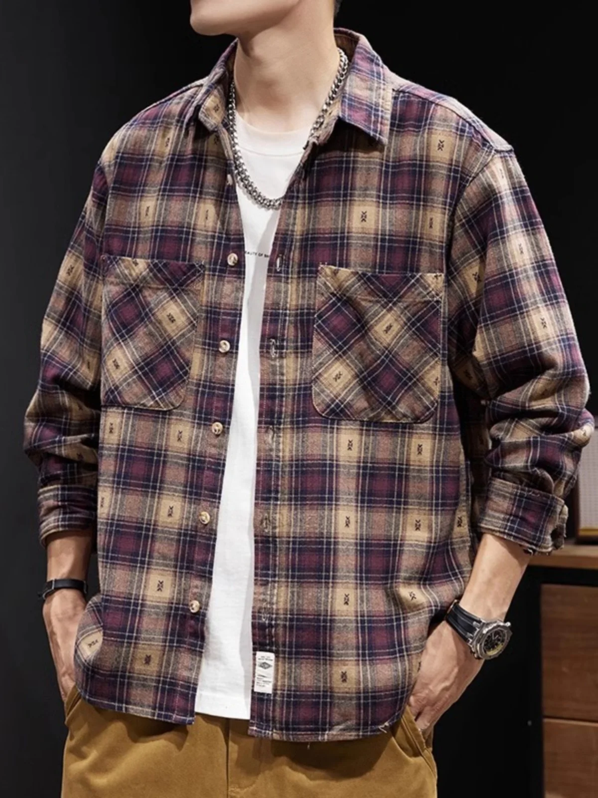 

Мужская рубашка-куртка с длинным рукавом из чистого хлопка, повседневная, в клетку, в британском стиле, для работы, весна-осень, винтажная, стильная верхняя одежда