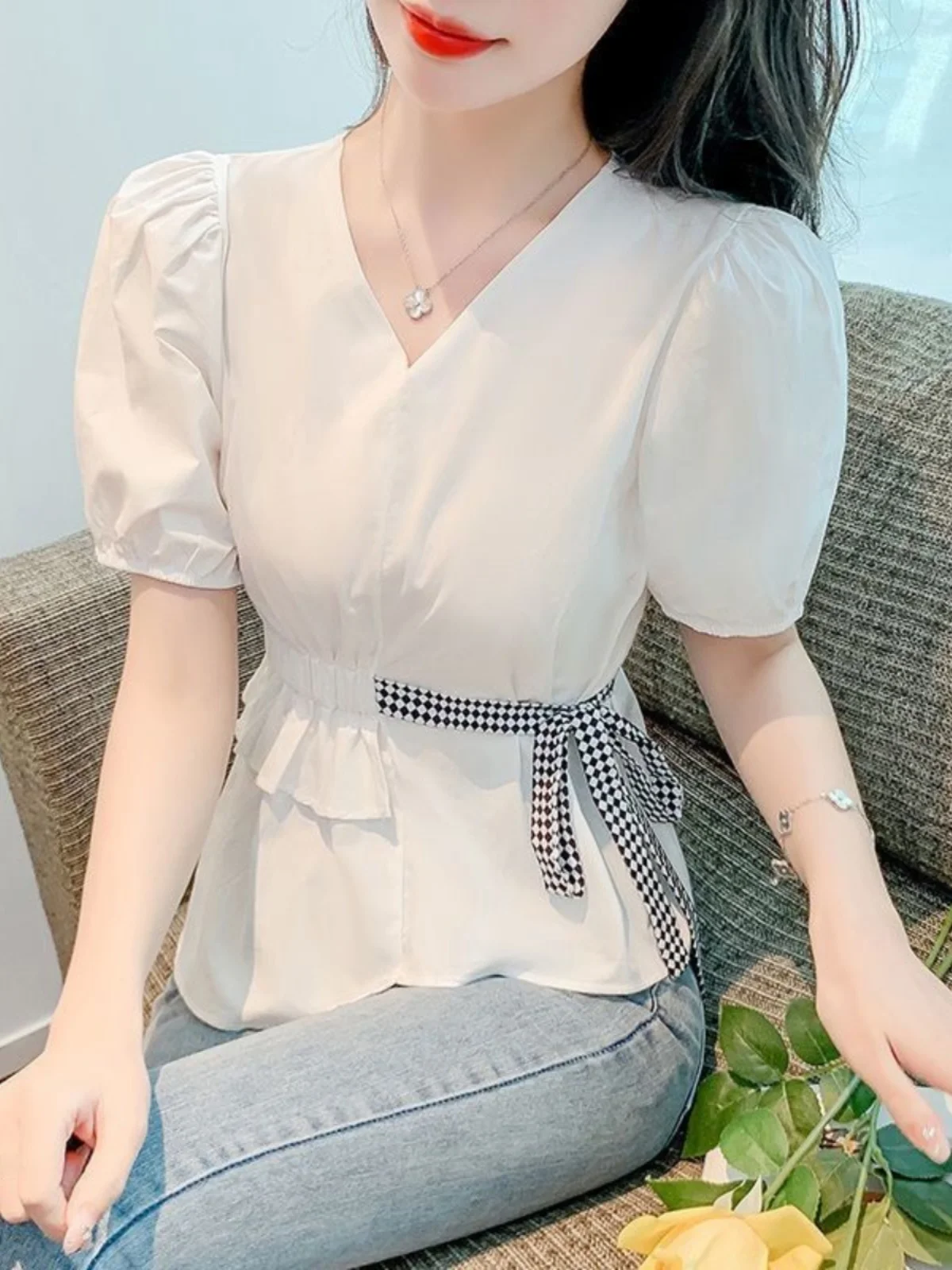 summer-new-plaid-slim-fit-shirt-women's-design-sense-bubble-sleeve-v-neck-waist-cinching-belted-two-piece-set