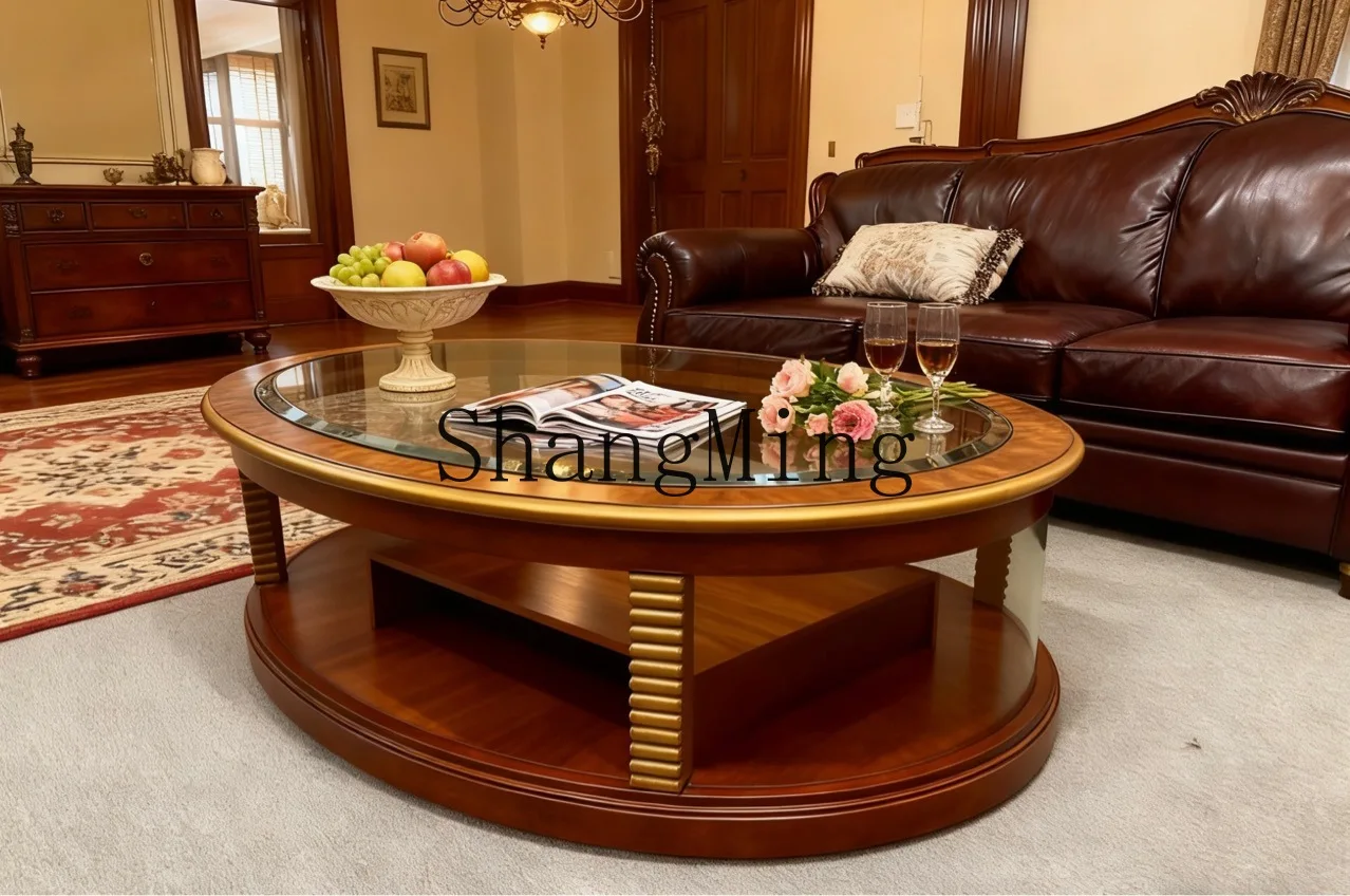 

CL neoclassical round coffee table mahogany carved living room coffee table villa furniture
