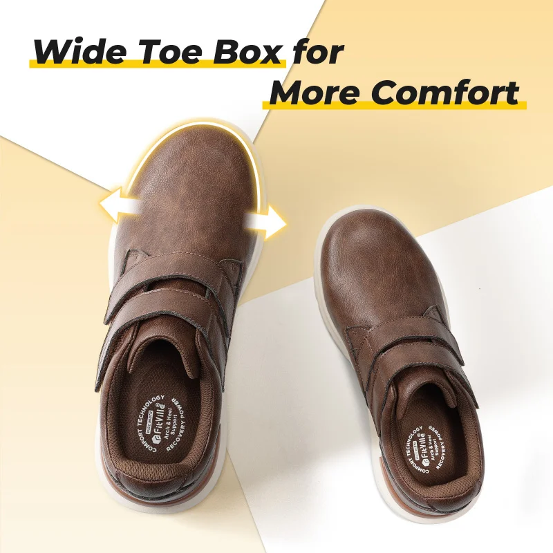 FitVille Men'S Leather Shoes Wide Walking Shoes Water-Repellent Slip On Casual Dress Sneaker For Diabetic Swollen Feet