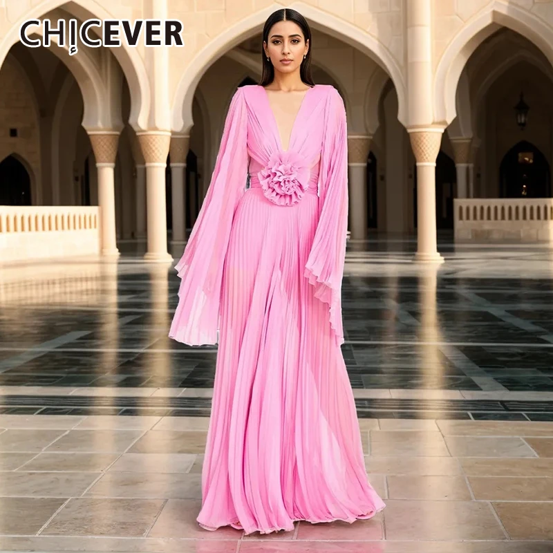 

CHICEVER Backless Spliced Appliques Maxi Dresses For Women V Neck Long Sleeve High Waist Cutout Patchwork Folds Dresses Female