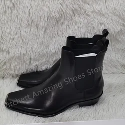Metal Square Toe Patent Leather Men's Boots Black Red Ankle Chelsea Boot Autumn Winter Handmade Med Heel Banquet Dress Male Shoe