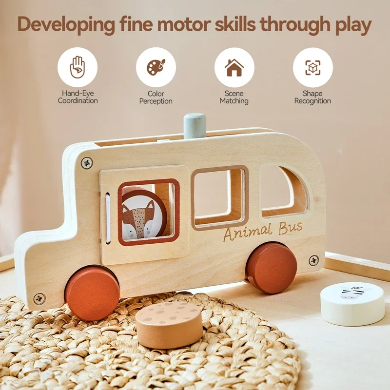 Wooden Bus Montessori Hand-pushed Car Hand-eye Coordination Exercise Toys Parent-child Interactive Games Gifts