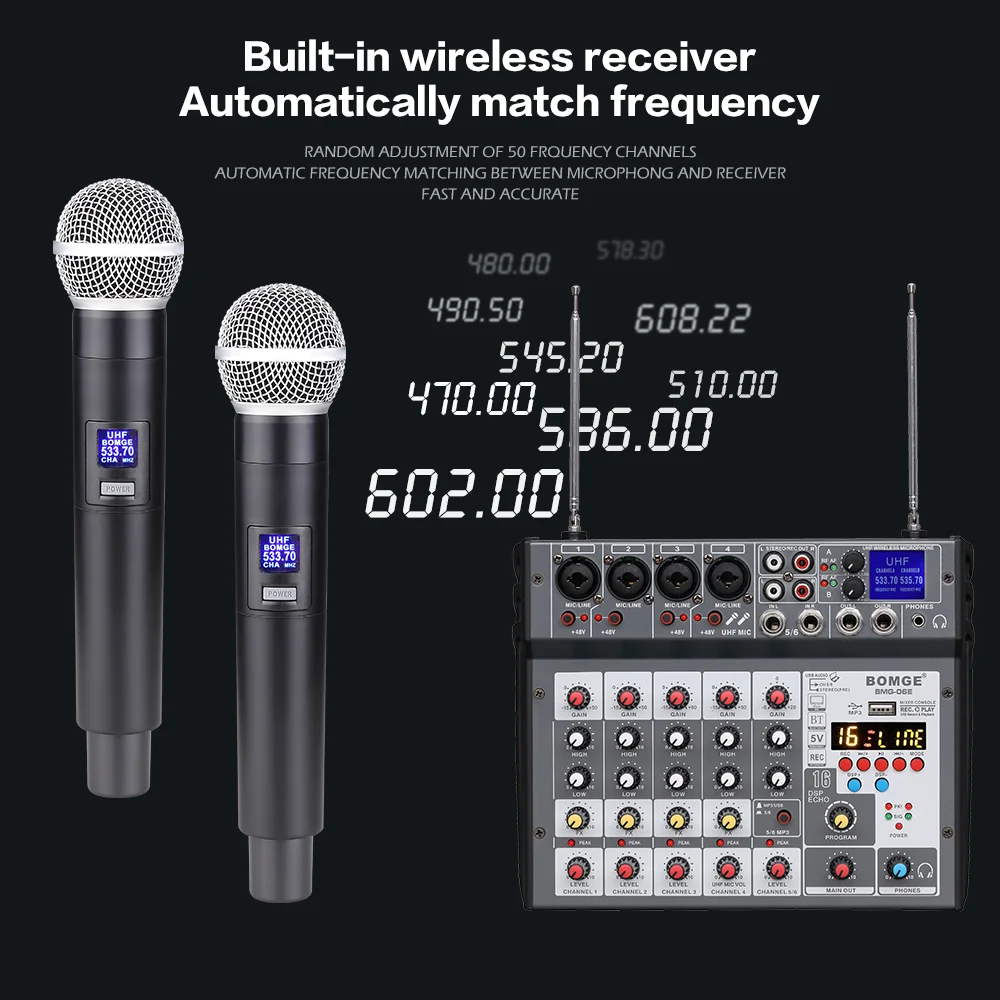 6 Channel Audio Mixer Mixing Console Built-in Microphone UHF Wireless Mics Bluetooth USB 16 DSP Effect For DJ Karaoke PC Record