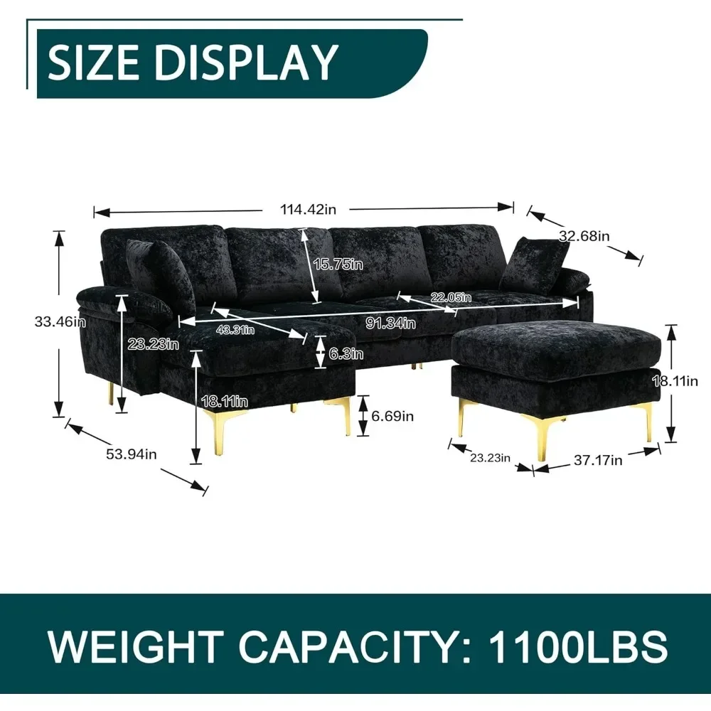 Modern Sectional Sofa U Shape Chenille Sofa with Ottoman, Reversible Sofa with Metal Legs for Living Room, Black