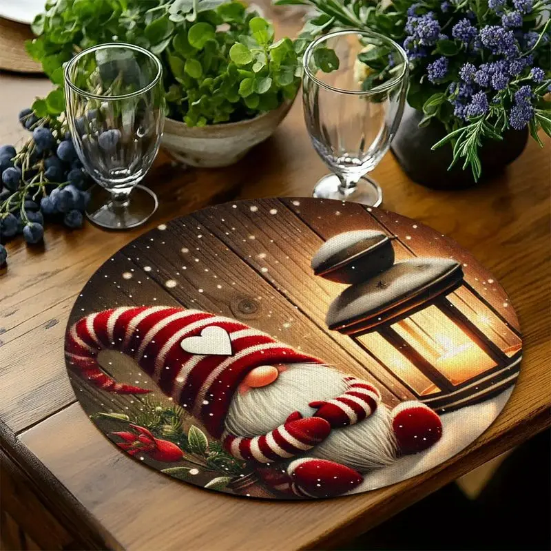 VIKAMA Gnome Lantern Winter Scene Round Placemat Wooden Base Red Striped Hat Heart Light Flake Xmas Table Mat Lovely Gift Soft