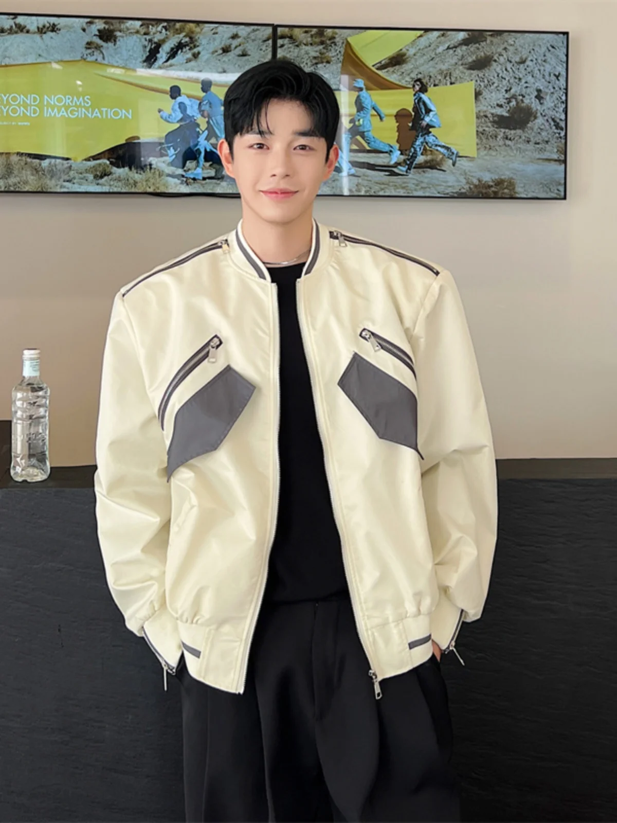 

Куртка-бомбер мужская свободного кроя в корейском стиле, на молнии, с цветными вставками, молодежная, универсальная, осенне-зимняя, модная верхняя одежда