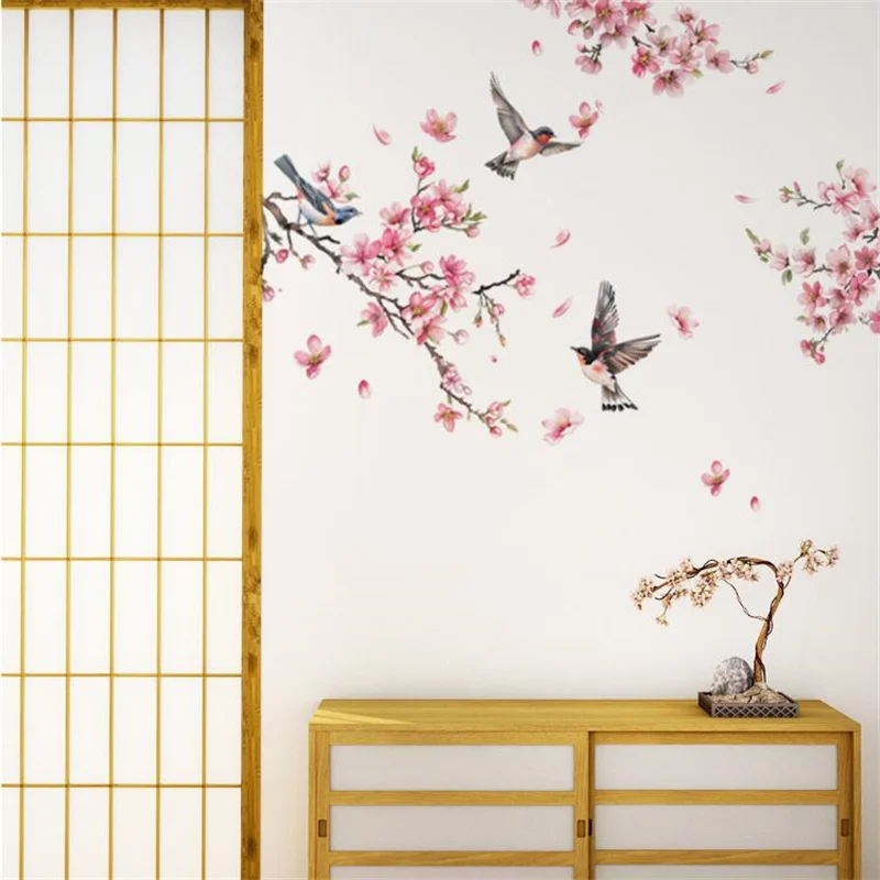1PCS  Watercolor Birds On The Plum Blossom Branches Flower  Wall Stickers For Bedroom Living Room  Home Decoration Self Adhesive