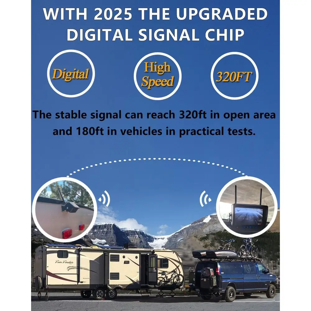 كاميرا احتياطية RV لاسلكية IP69 مقاومة للماء 170 °   كاميرا الرؤية الخلفية بزاوية رؤية واسعة HD 1080P + شاشة LCD عالية الدقة مقاس 7 بوصات، رقمية لاسلكية C