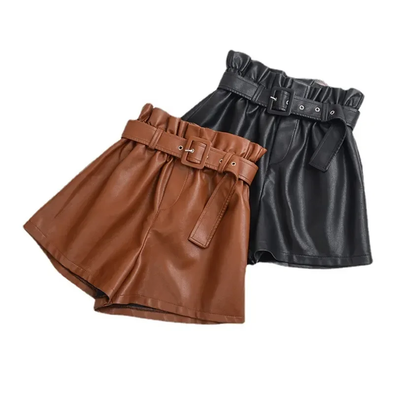 Women Chic Fashion Faux Leather Shorts Vintage High Waist Female Shorts All-Match Solid Color Loose Casual Pants