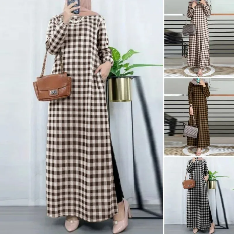 2024 New Fashionable Muslim Long Skirt Dress Long Sleeve O-neck Robe Abaya Net