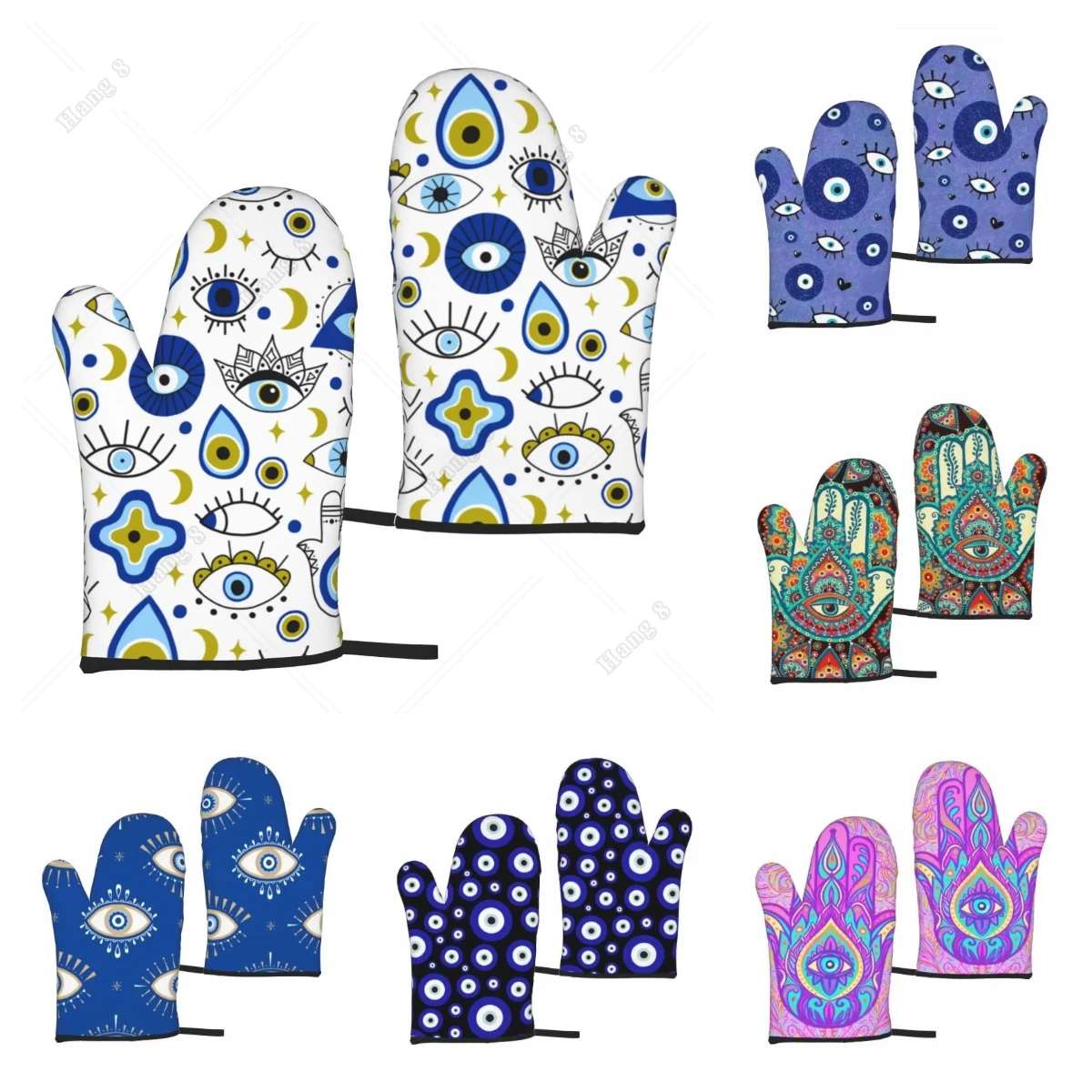 Navy Blue Evil Eye Lucky Egyptian Style Heat Resistant Gloves Microwave Gloves Bbq Gloves for Men Women Oven Items 2PC Gift