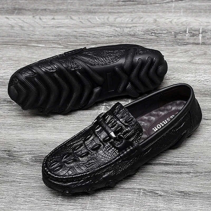 Mocassins de couro genuíno masculino, fundo grosso, mocassins estilo crocodilo, sapatos para dirigir, sapatos baixos, moda clássica, luxo, novo