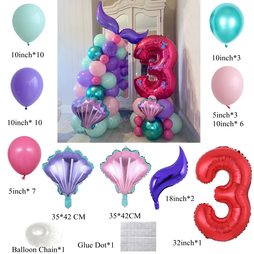 1Set New Purple Mermaid Tail Globos Under the Sea Theme Number Balloon Happy Birthday Baby Shower Party Latex Balloon Decoration