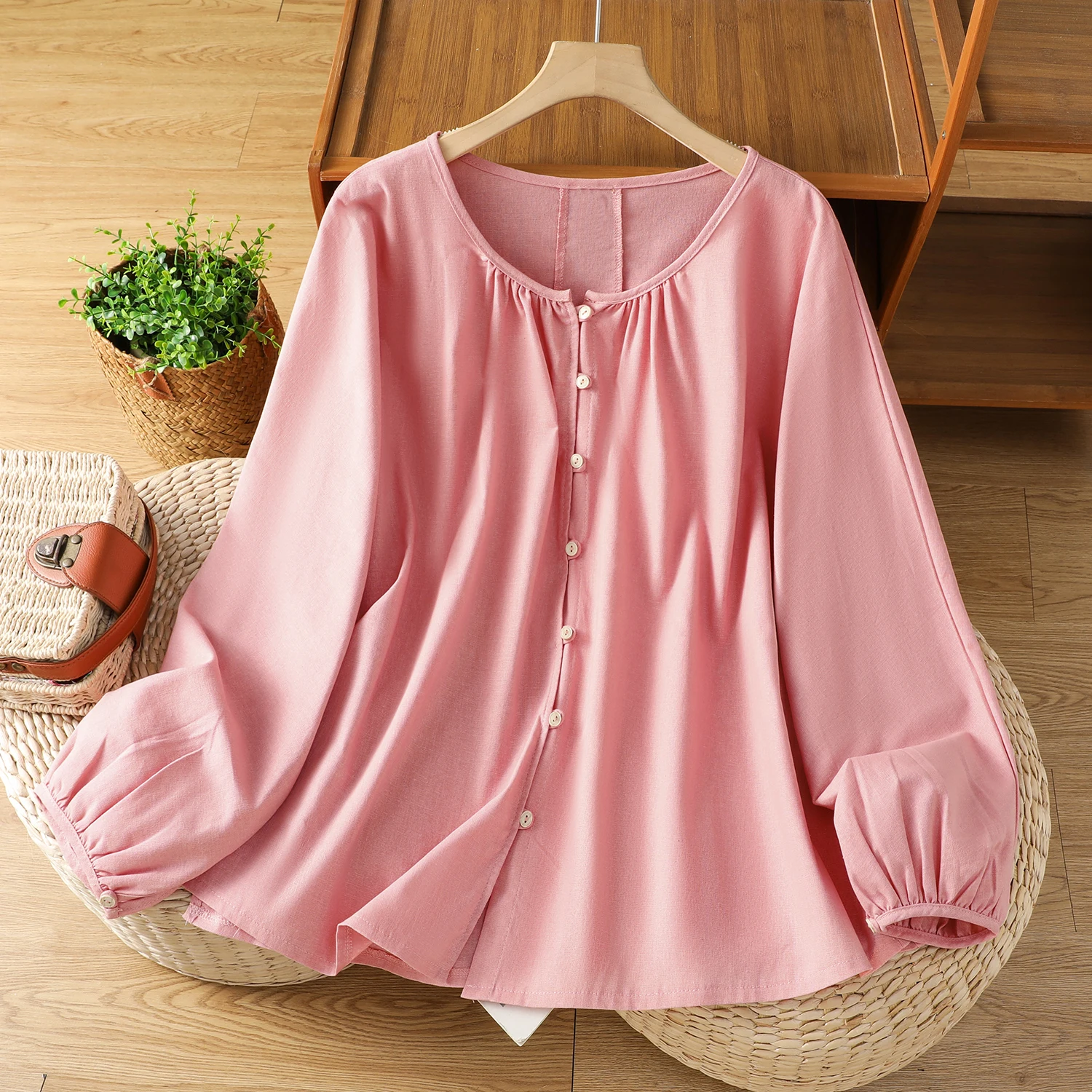 Damen Vintage Knopfleiste vorne Langarm rosa Hemden Blusen Frühling Herbst O-Ausschnitt lässig lose Strickjacke Boho-Stil Cover Up Tops