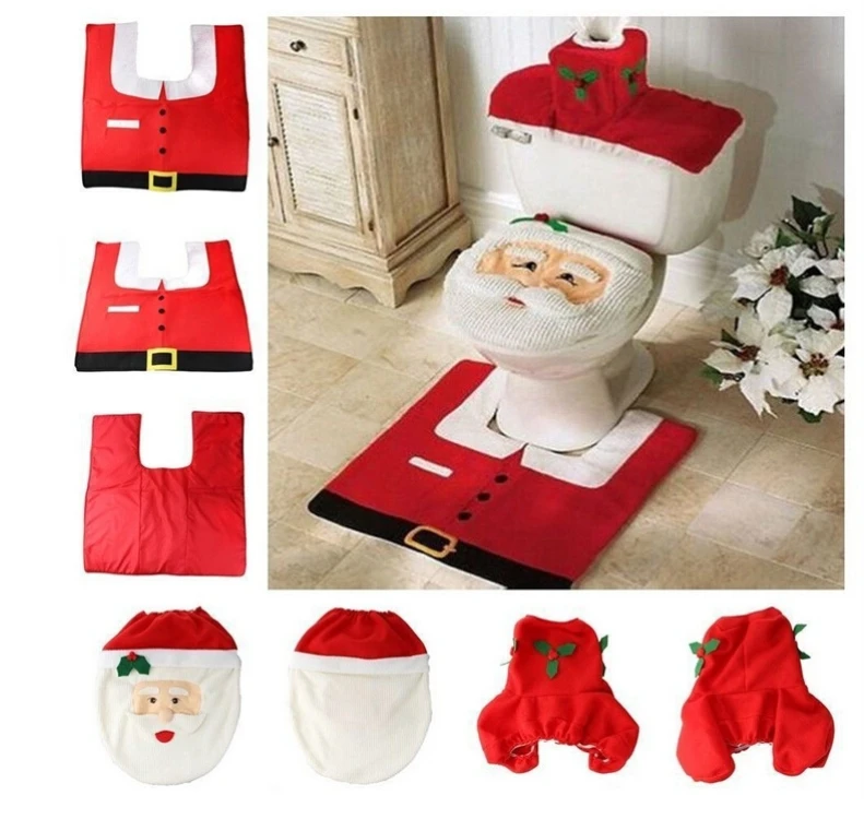 Toilet Seat Cover Rug Bathroom Mat Xmas Supplies Xmas Decoration Set Santa Toilet Seat Cover Rug Toilet Tank Cover for Indoor