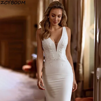 Dostosowane eleganckie głębokie V Neck paski spaghetti miękka satyna suknie ślubne syrenka 2025 Backless pociąg typu Sweep tiulowe suknie ślubne