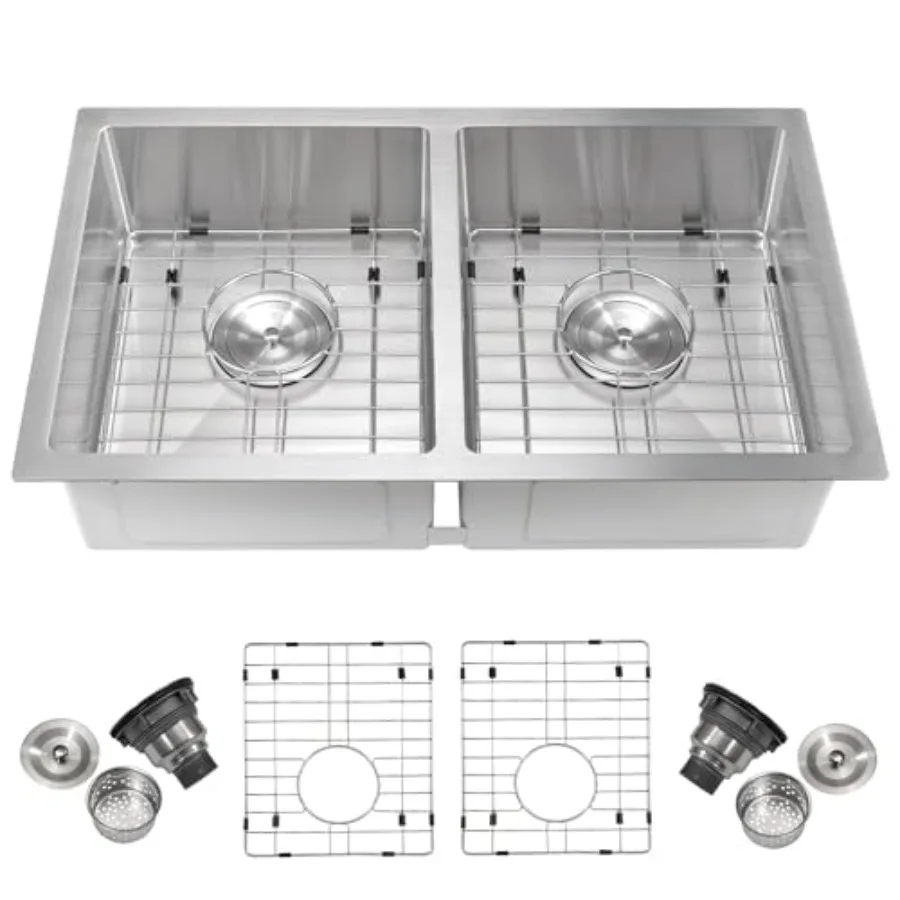 Kitchen sink for undermount installation, brushed 304 stainless steel, silver, 33×19×10 inch with 2.0mm rim, 1.0mm bowl, deep b