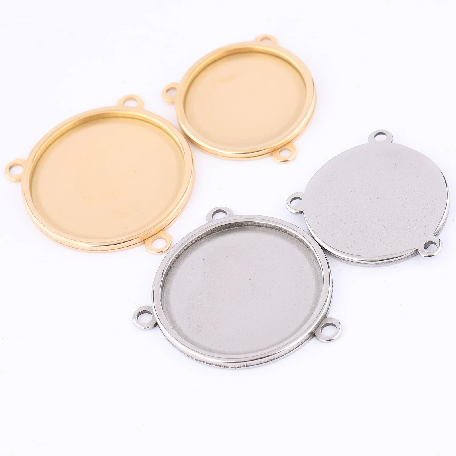 5pcs Stainless Steel Gold Plated 16mm 18mm 20mm 25mm Cabochon Connector Base Settings Diy Bezel Pendant Trays With Three Loops