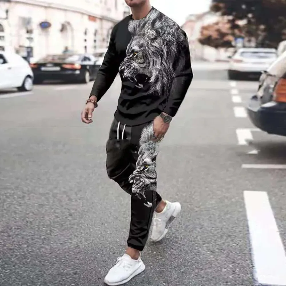 Men\'s Set 3D Animal Printing Long Sleeves Sportswear T-shirt+Pants 2Pcs set O-Neck Sweatshirt Jogger Sportswear 2 Piece Suit
