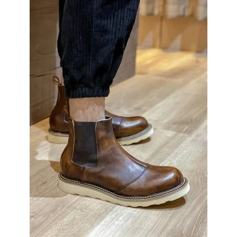 

Genuine Leather Male Shoes Outdoor Platform Boots Youth Oxfords Retro Boots Men's High Top Handmade