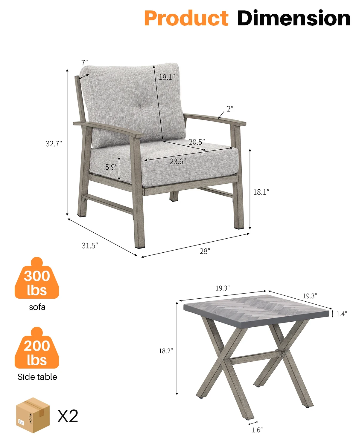 مجموعة CozyNest Duo مكونة من 2 أرائك ثابتة باللون الرمادي وطاولة جانبية على شكل حرف X مناسبة لجميع الأحوال الجوية في الأماكن المغلقة/الخارجية لتواريخ الشرفة ودردشة الحديقة للفنادق