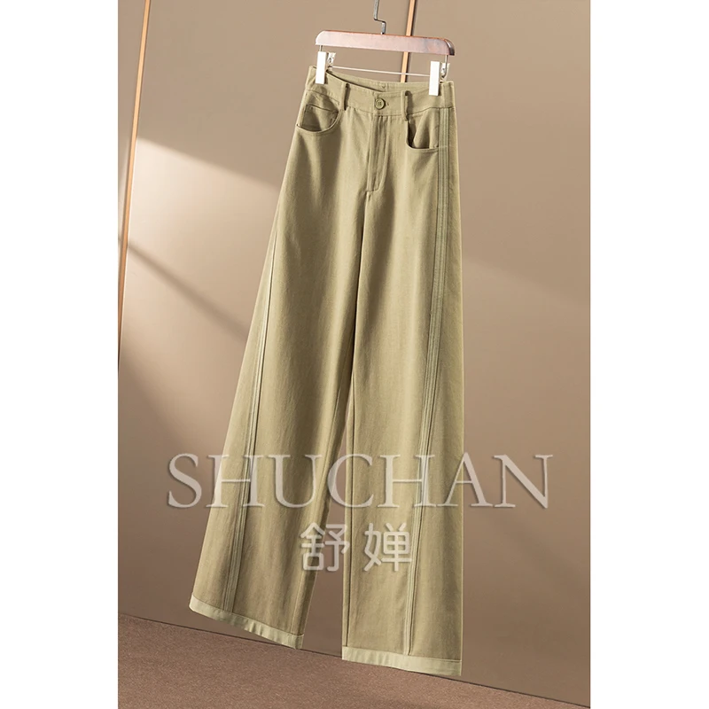 Pantaloni a gamba larga dritti a vita alta patchwork tridimensionale in cotone Donna Pantalones De Mujer