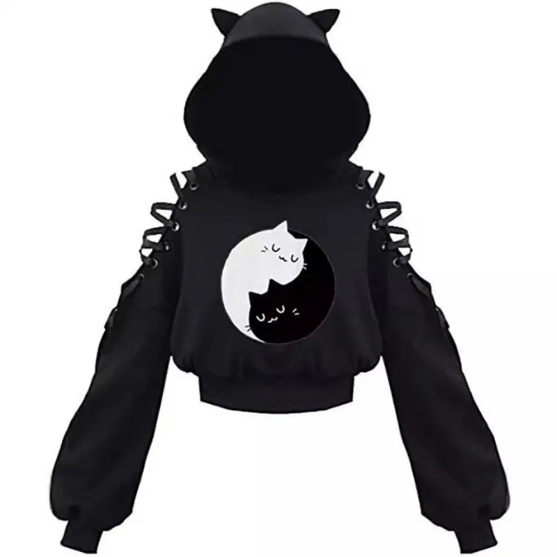 Hoodie wanita lengan panjang, Hoodie Gotik, hitam, musim gugur, Hoodie telinga kucing lucu, Hoodie Harajuku, bahu dingin, perban, kaus Gotik,